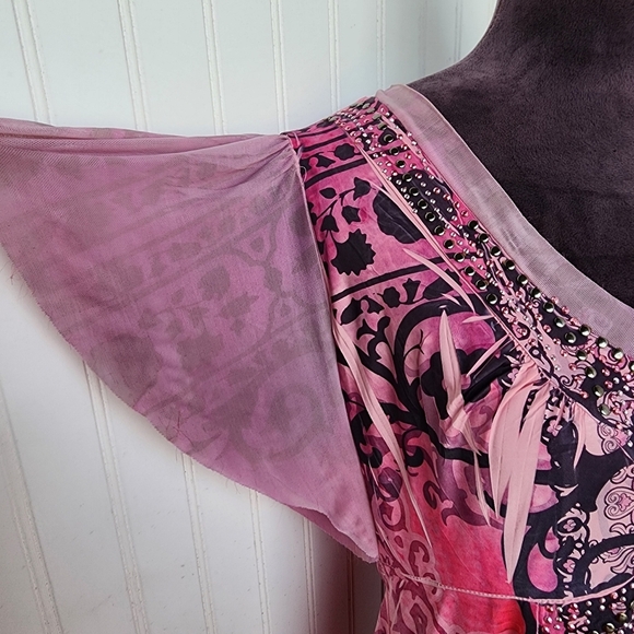 Cato Womens Dye Print Stretch Dress Studded Floral Paisley V-Neck Short Sleeve L - Picture 10 of 15